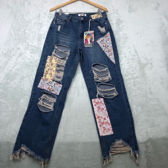 Almost Famous Blue Floral Patchwork Wide Leg Jeans Size 9 - Picture 1 of 16
